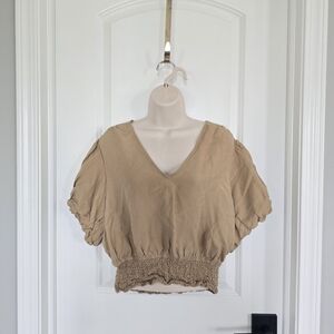 Express Tan V-Neck Cropped Smocked Waist Top